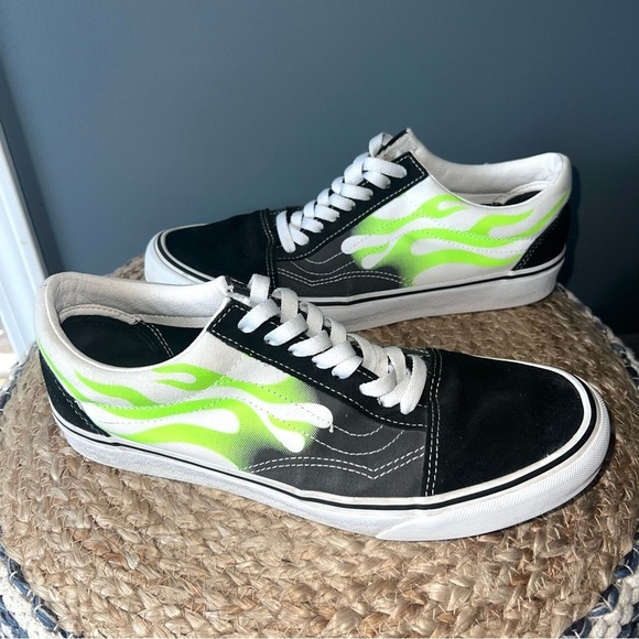 Vans Black and Neon Green Flame Sneakers - Picture 1 of 8